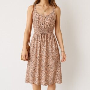 Boho Chic Floral Cottagecore Midi Pink‎ Smocked Dress Women's Medium Sleeveless